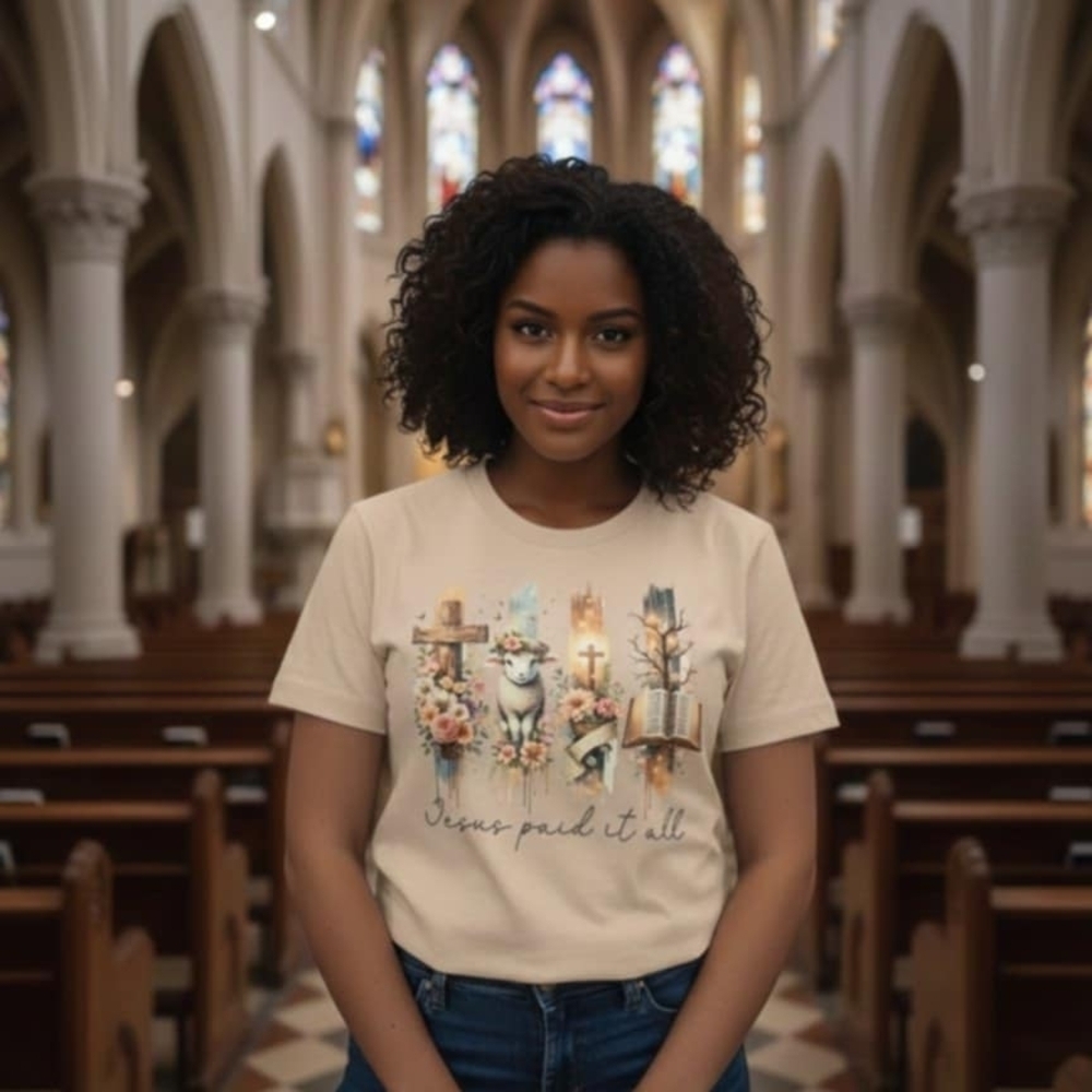 Beige Graphic T-Shirt with Religious Design - Picture 2 of 2